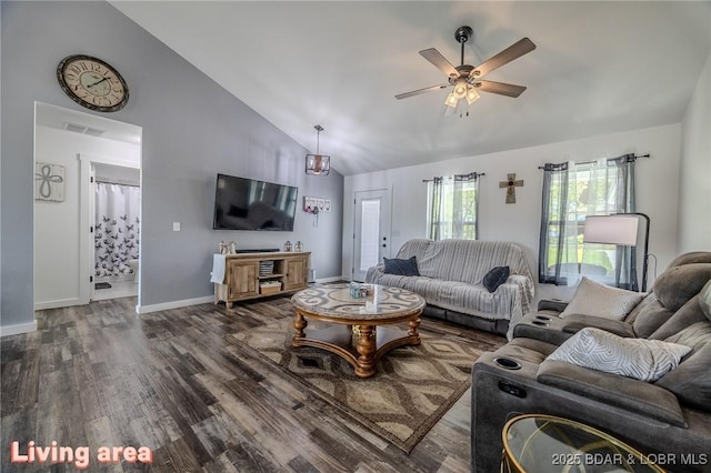 living room with ceiling fan, visible vents, dark wood finished floors, high vaulted ceiling, and baseboards