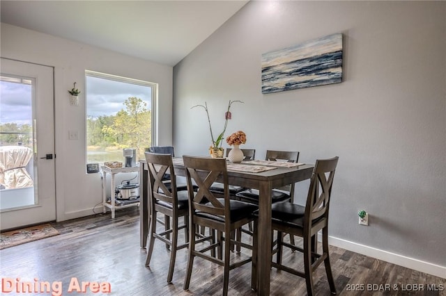 dining room featuring baseboards, plenty of natural light, wood finished floors, and lofted ceiling