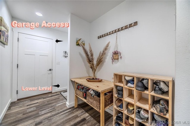 mudroom featuring recessed lighting, baseboards, and wood finished floors
