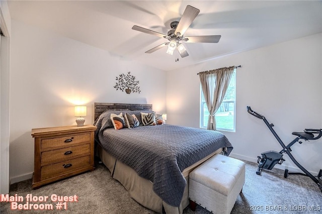 bedroom featuring baseboards, light carpet, and a ceiling fan