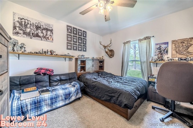 carpeted bedroom with a ceiling fan