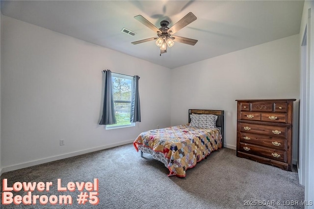bedroom featuring carpet floors, a ceiling fan, baseboards, and visible vents