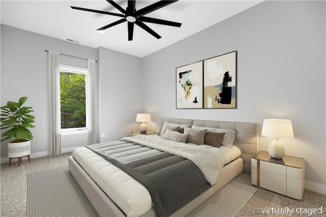 bedroom featuring carpet, visible vents, baseboards, and ceiling fan