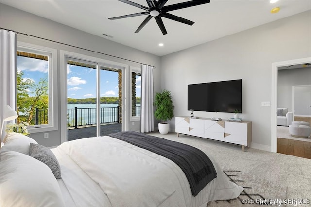 bedroom with carpet, visible vents, baseboards, access to outside, and recessed lighting