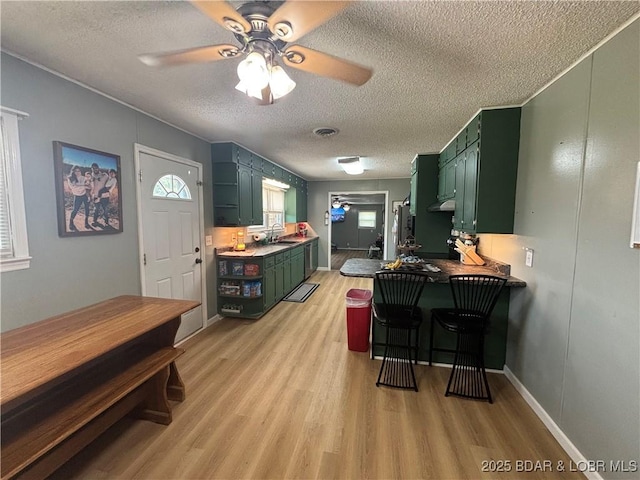 interior space with a textured ceiling, visible vents, light wood-style flooring, and a ceiling fan