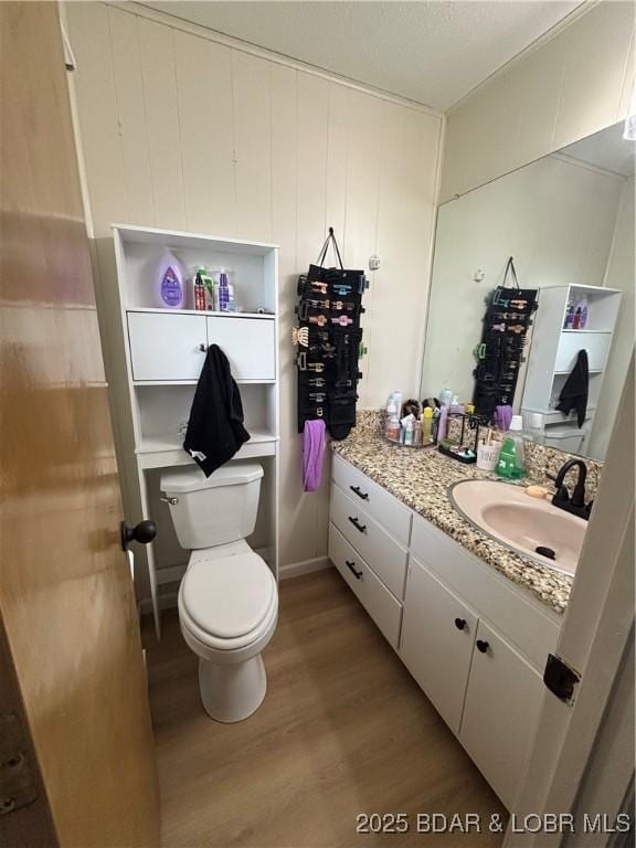 bathroom with vanity, toilet, and wood finished floors
