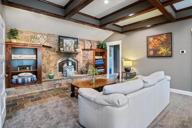 649 Nichol Rd, Edwards, MO 65326 - living area featuring coffered ceiling, baseboards, a stone fireplace, and beam ceiling