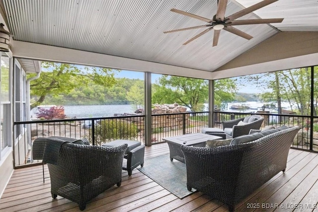 649 Nichol Rd, Edwards, MO 65326 - wooden terrace with a water view, an outdoor hangout area, and a ceiling fan
