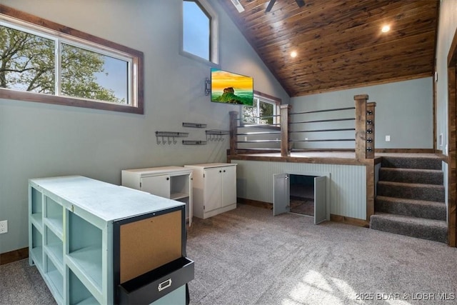 649 Nichol Rd, Edwards, MO 65326 - interior space featuring wood ceiling, baseboards, and high vaulted ceiling