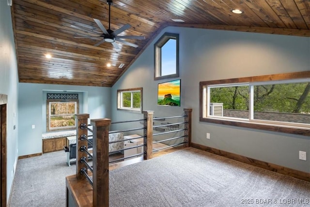 649 Nichol Rd, Edwards, MO 65326 - additional living space featuring high vaulted ceiling, wooden ceiling, ceiling fan, carpet flooring, and baseboards