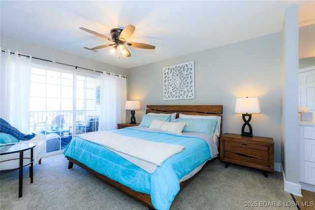 bedroom with ceiling fan and carpet