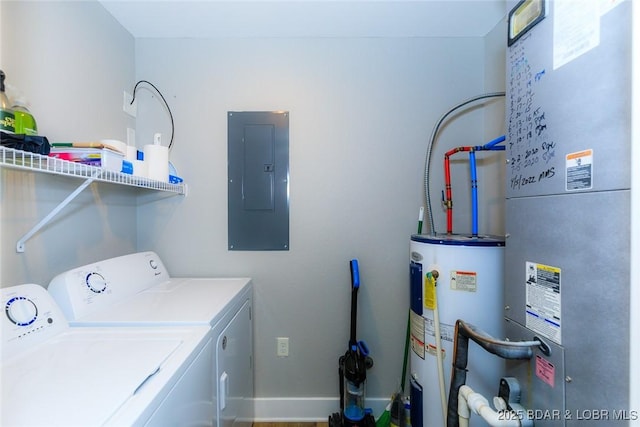 washroom featuring washer and clothes dryer, water heater, electric panel, and laundry area