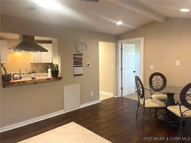 dining room featuring recessed lighting, baseboards, visible vents, dark wood-type flooring, and vaulted ceiling with beams