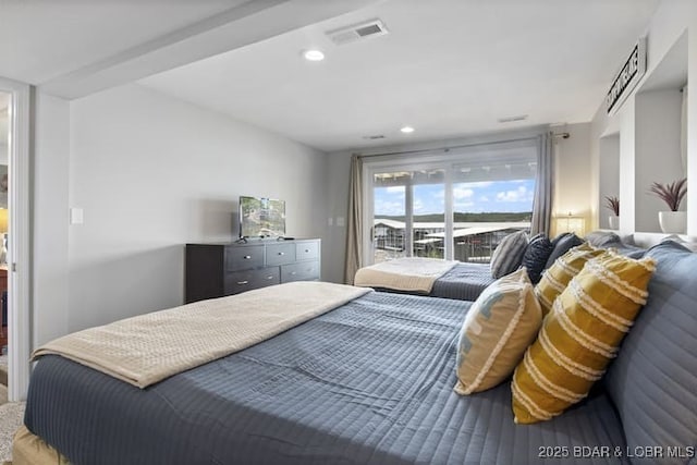 bedroom featuring visible vents, access to outside, and recessed lighting