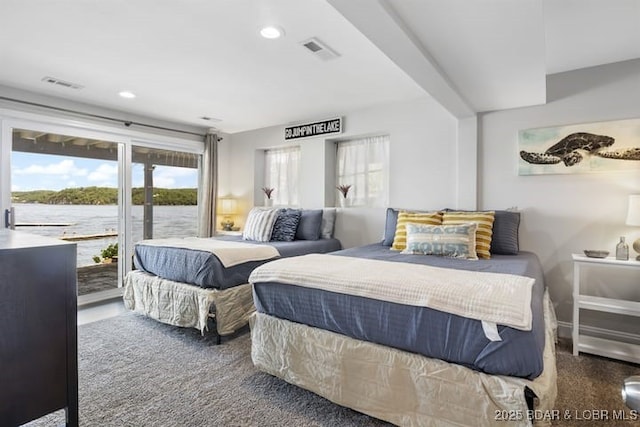 bedroom with carpet floors, visible vents, access to exterior, and recessed lighting