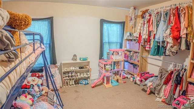 recreation room with a wealth of natural light and carpet floors