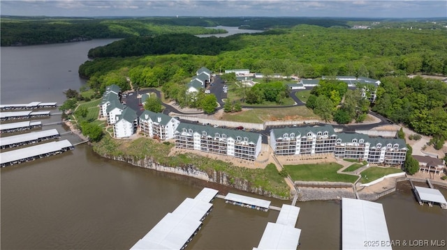 bird's eye view with a water view and a forest view