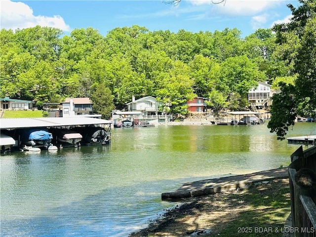 property view of water with a dock