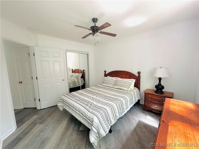 bedroom featuring a closet, wood finished floors, and ceiling fan