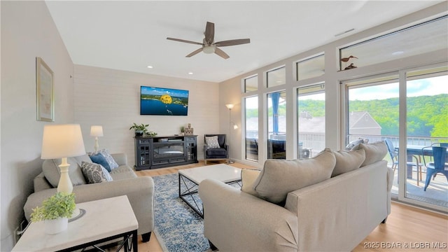 611 Lazy Days Rd Unit L5, Osage Beach, MO 65065 - living room with recessed lighting, a wealth of natural light, ceiling fan, and light wood-style floors