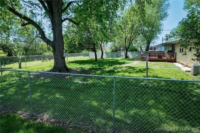 view of yard with a fenced backyard, a wooden deck, and central AC unit