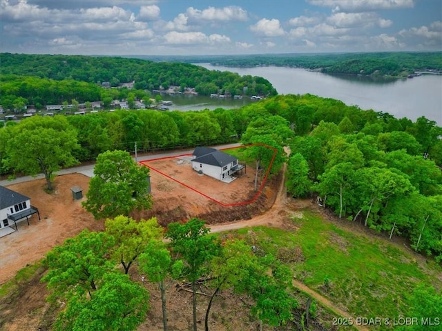 aerial view of property and surrounding area with a large body of water, property parcel outlined, and a heavily wooded area