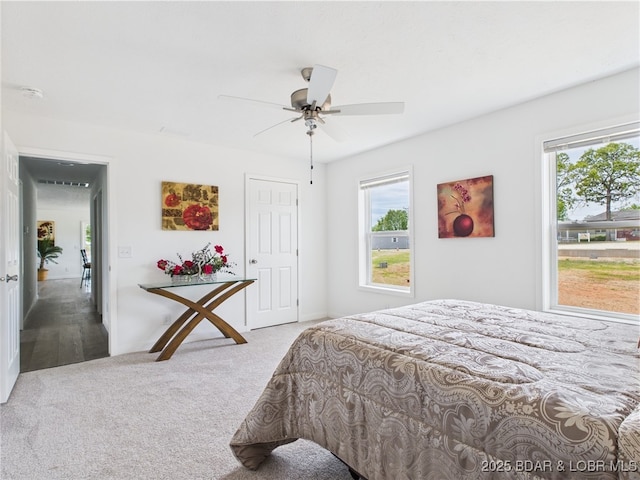 carpeted bedroom with multiple windows and ceiling fan