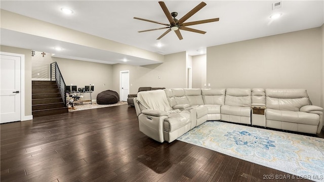 484 Hogan Dr, Lake Ozark, MO 65049 - living room featuring a ceiling fan, stairway, wood finished floors, recessed lighting, and baseboards