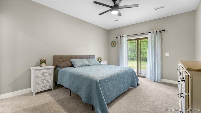 484 Hogan Dr, Lake Ozark, MO 65049 - bedroom featuring access to exterior, light colored carpet, baseboards, and ceiling fan