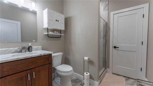 484 Hogan Dr, Lake Ozark, MO 65049 - bathroom with a stall shower, toilet, vanity, and baseboards