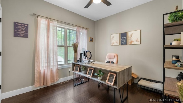 484 Hogan Dr, Lake Ozark, MO 65049 - office featuring ceiling fan, wood finished floors, and baseboards