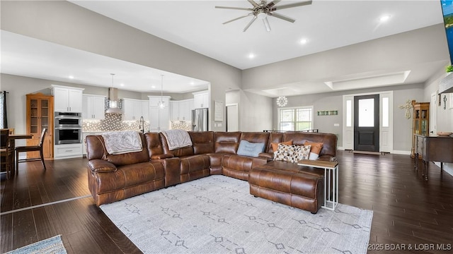 484 Hogan Dr, Lake Ozark, MO 65049 - living area with ceiling fan, recessed lighting, dark wood-type flooring, and baseboards