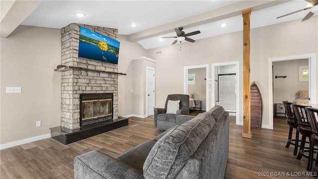 31445 Raytown Dr, Rocky Mount, MO 65072 - living area with baseboards, lofted ceiling with beams, ceiling fan, and wood finished floors