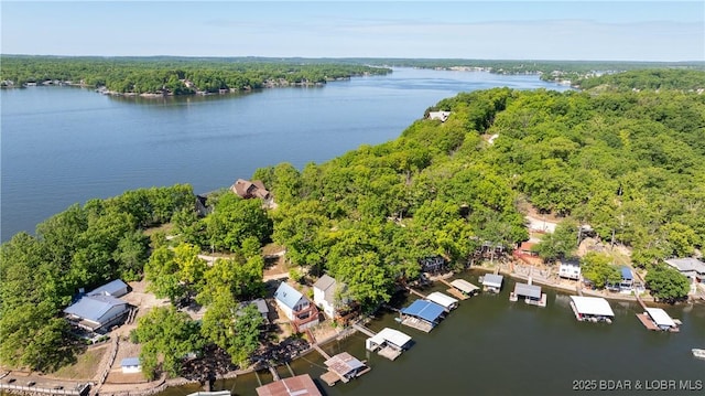 31445 Raytown Dr, Rocky Mount, MO 65072 - bird's eye view featuring a wooded view and a water view