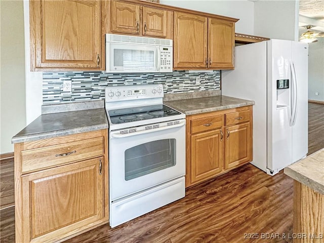 12448 Crestview Dr, Warsaw, MO 65355 - kitchen featuring ceiling fan, white appliances, dark wood-style floors, and backsplash