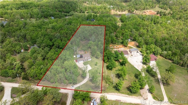 93 Misty Meadows Ln, Camdenton, MO 65020 - aerial view of property's location featuring a heavily wooded area and property parcel outlined