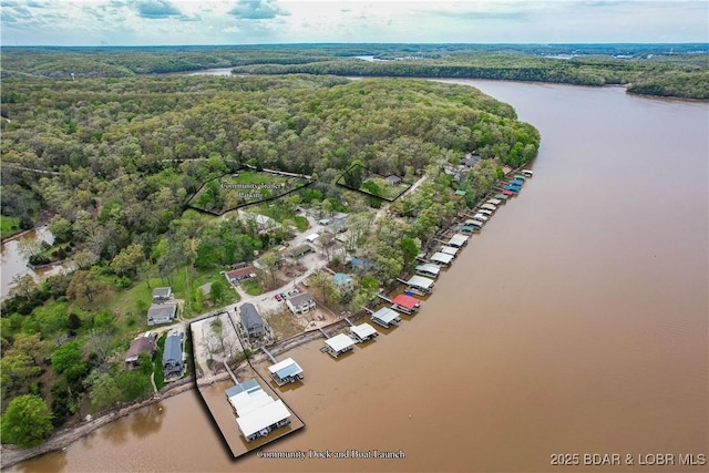 aerial view of property's location with a forest and a nearby body of water