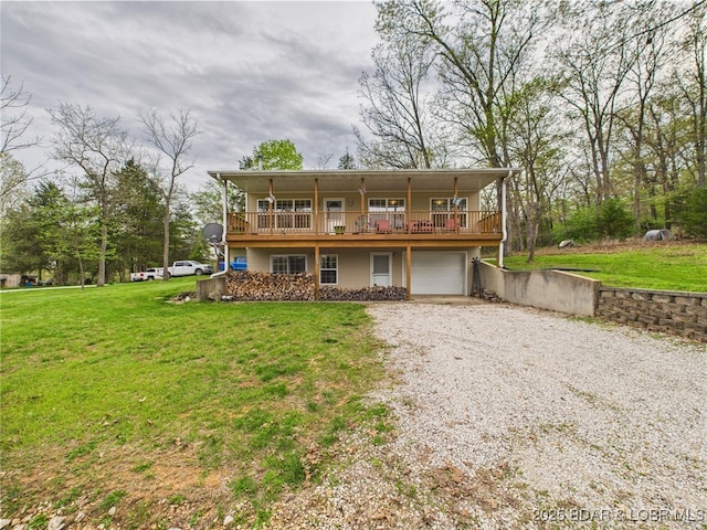 34 Glenmeadows Ct, Linn Creek, MO 65052 - view of front facade with driveway, a garage, a front lawn, and a deck