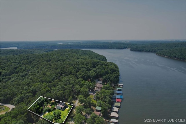 34 Glenmeadows Ct, Linn Creek, MO 65052 - aerial overview of property's location featuring a nearby body of water and property boundaries highlighted