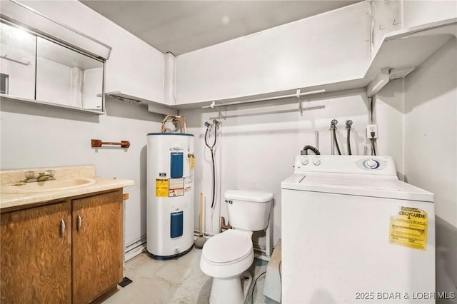 bathroom featuring washer / clothes dryer, electric water heater, toilet, finished concrete floors, and vanity