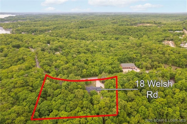 aerial view of property and surrounding area featuring a forest and property parcel outlined