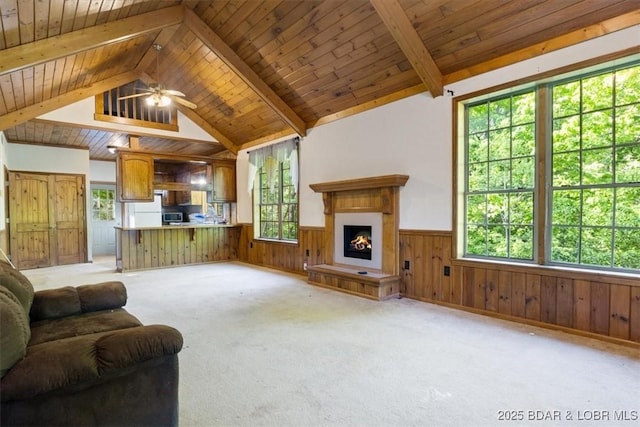 217 Westview Rd, Climax Springs, MO 65324 - carpeted living room with plenty of natural light, wainscoting, a lit fireplace, a ceiling fan, and wooden walls