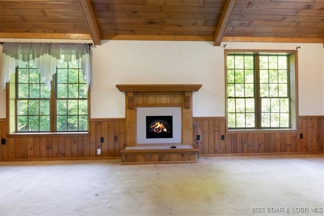 217 Westview Rd, Climax Springs, MO 65324 - unfurnished living room with beamed ceiling, a wainscoted wall, healthy amount of natural light, a warm lit fireplace, and wooden walls