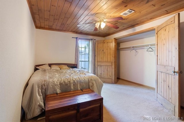 217 Westview Rd, Climax Springs, MO 65324 - bedroom with light carpet, wooden ceiling, crown molding, and ceiling fan