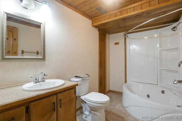 217 Westview Rd, Climax Springs, MO 65324 - bathroom with wooden ceiling, shower / tub combination, vanity, toilet, and tile patterned floors