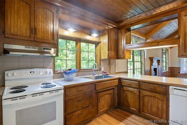 217 Westview Rd, Climax Springs, MO 65324 - kitchen with white appliances, under cabinet range hood, wood ceiling, a sink, and healthy amount of natural light