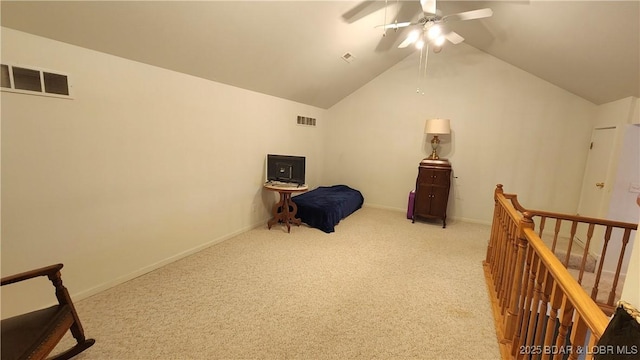 sitting room with an upstairs landing, a ceiling fan, carpet, vaulted ceiling, and baseboards