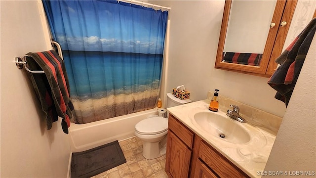 full bath with vanity, toilet, and shower / bath combination with curtain