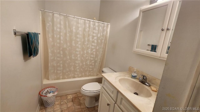 full bath with toilet, vanity, and shower / bath combination with curtain