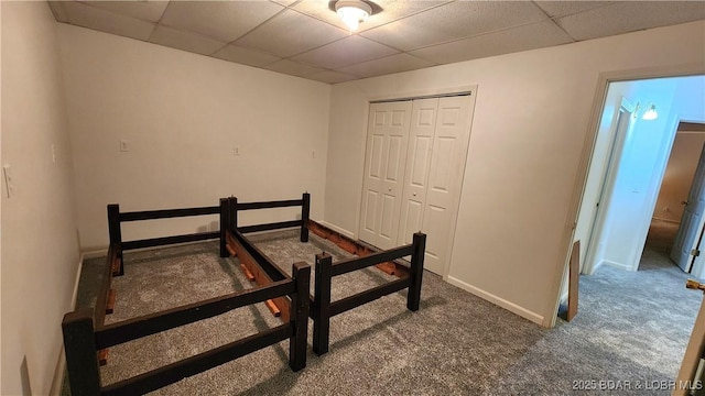 bedroom with a paneled ceiling, a closet, carpet, and baseboards